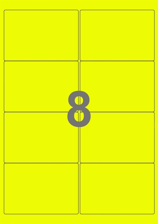 A4-etiketter, 8 stansade etiketter/ark, 99,1 x 67,7 mm, gul neon, 100 ark
